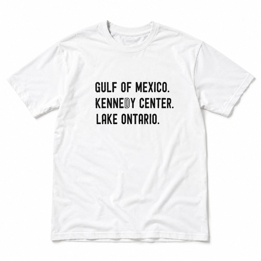 Gulf of Mexico Kennedy Center Lake Ontario political satire white graphic tee front-print flat lay