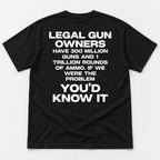 Legal Gun Owners statement back print on a black T-shirt, flat lay showing the complete lettering