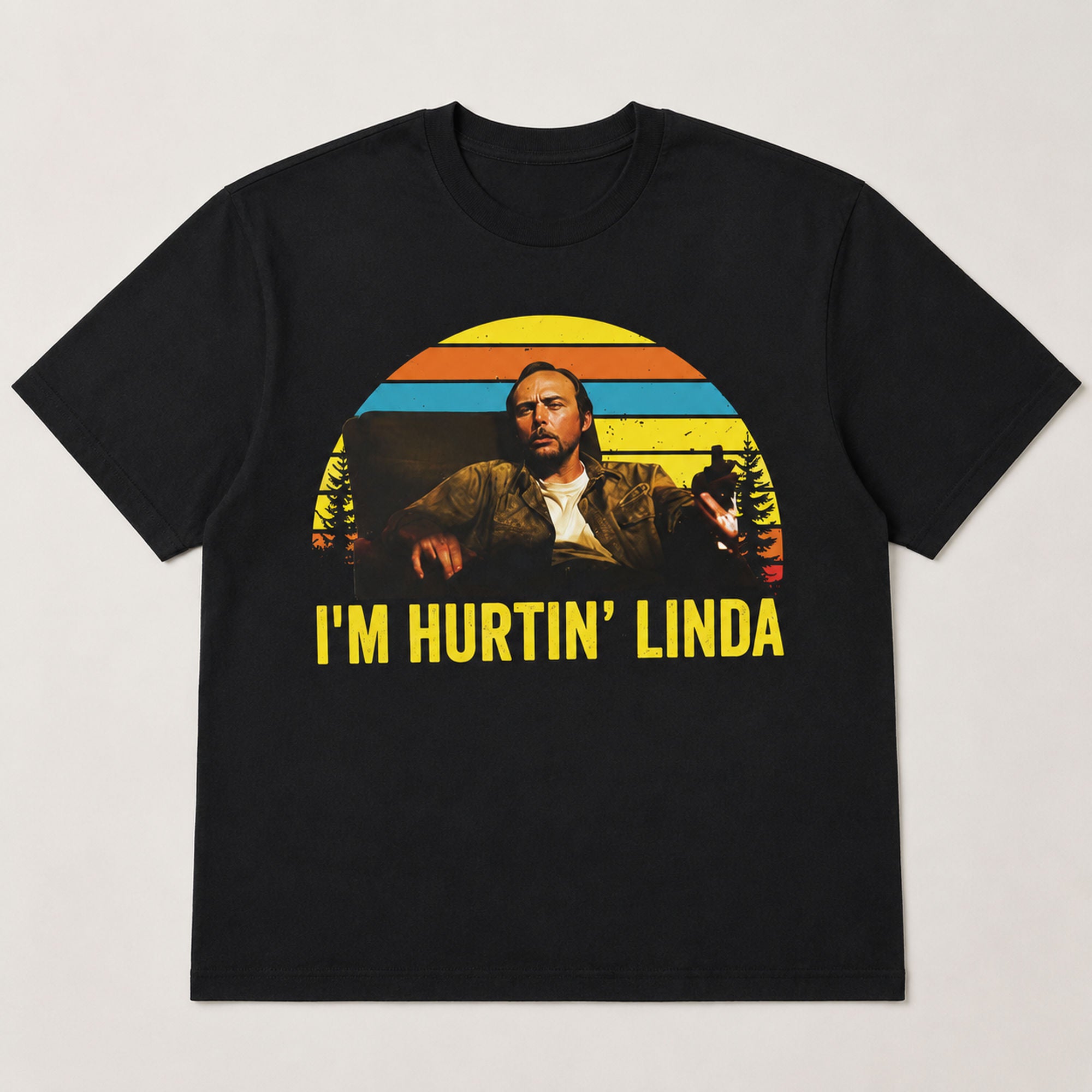 I'm Hurtin' Linda funny retro graphic tee black front flat lay