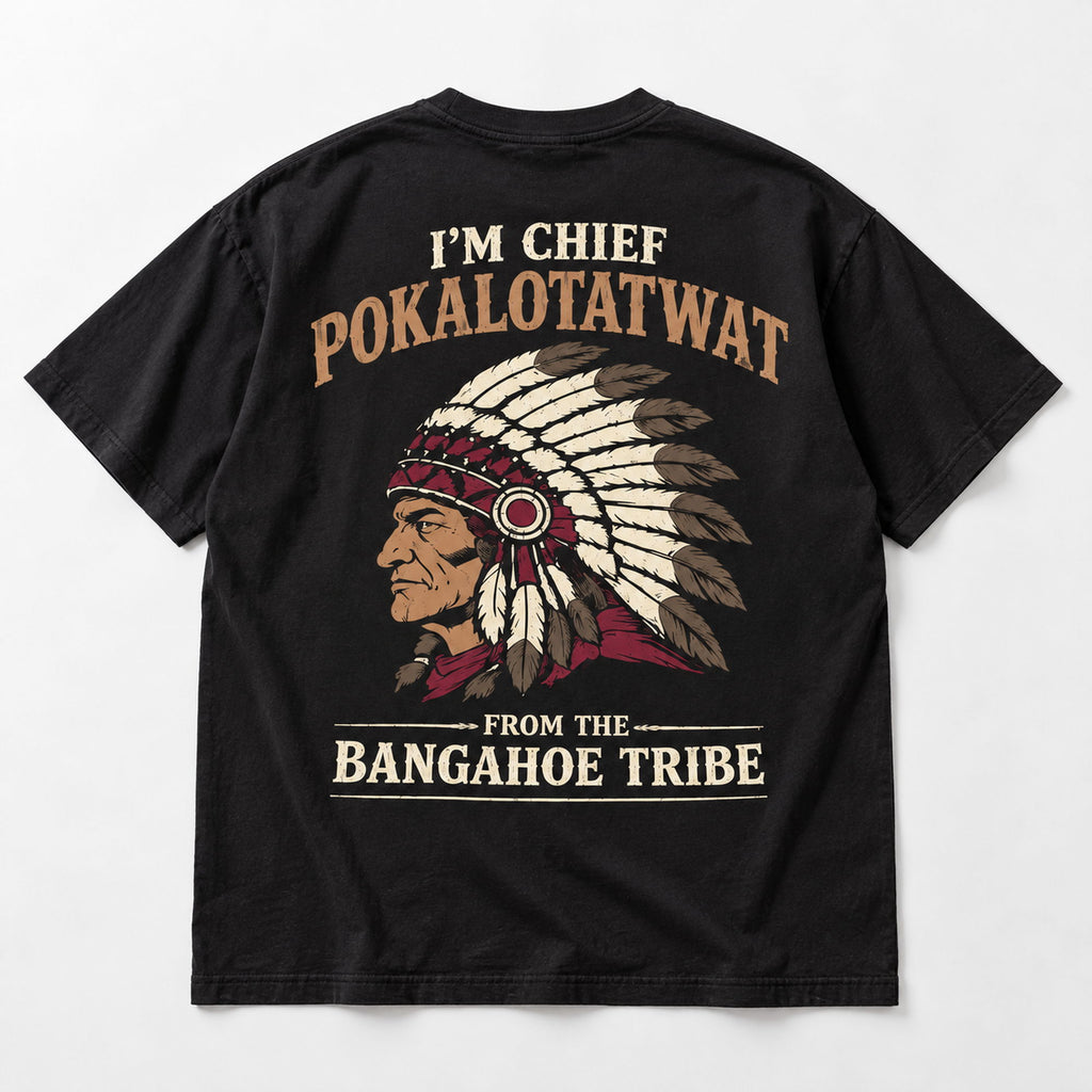 Black T-shirt back flat lay with cream brown and red Chief Pokalotatwat artwork and Bangahoe Tribe lettering