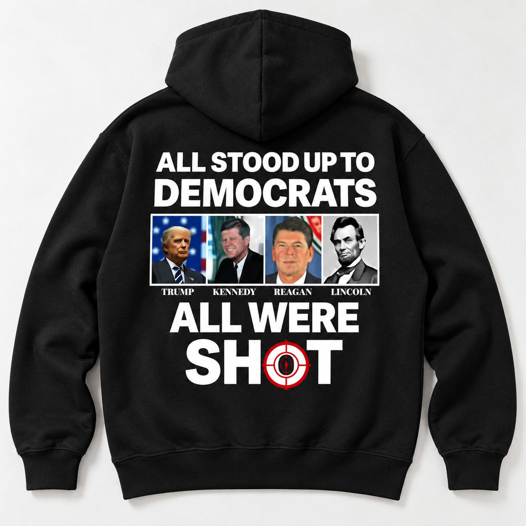All Stood Up to Democrats labeled portrait collage and red target detail on black hoodie back, flat lay showing complete print