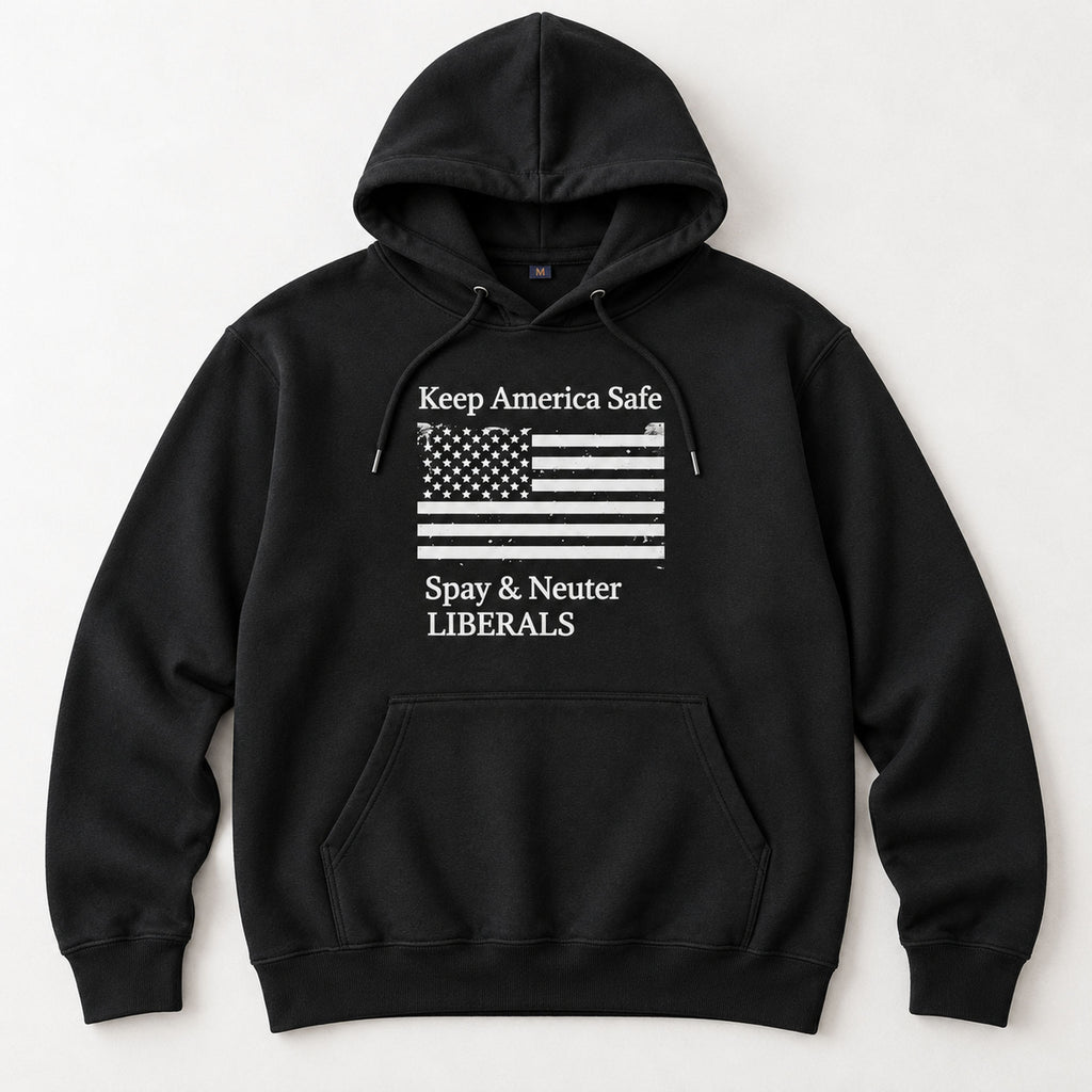 Keep America Safe American flag political satire black hoodie front flat lay showing complete print