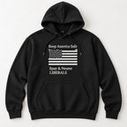 Keep America Safe American flag political satire black hoodie front flat lay showing complete print