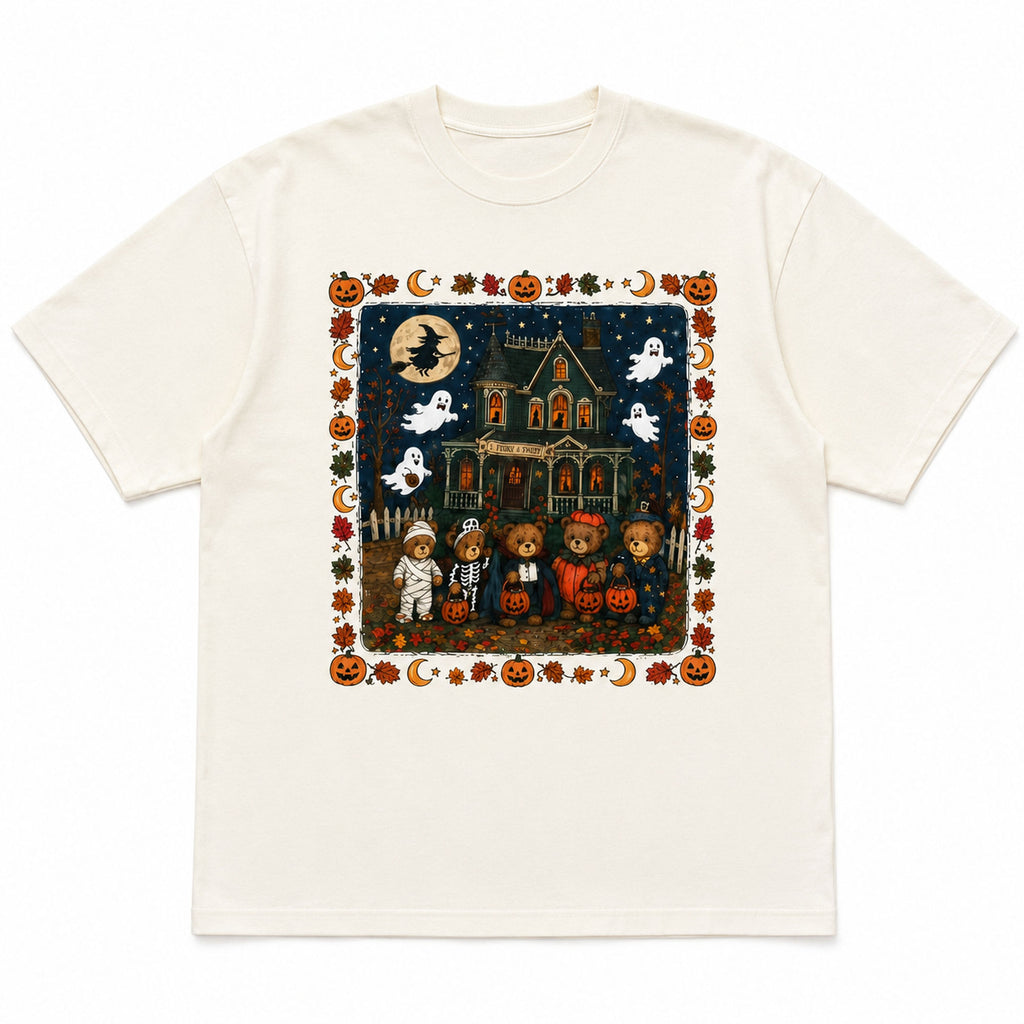 Vintage Halloween bears haunted house graphic tee ivory front print flat lay