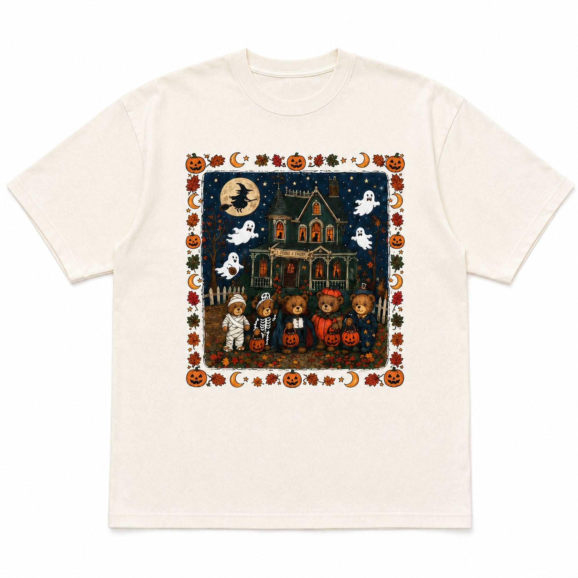 Vintage Halloween bears haunted house graphic tee ivory front print flat lay