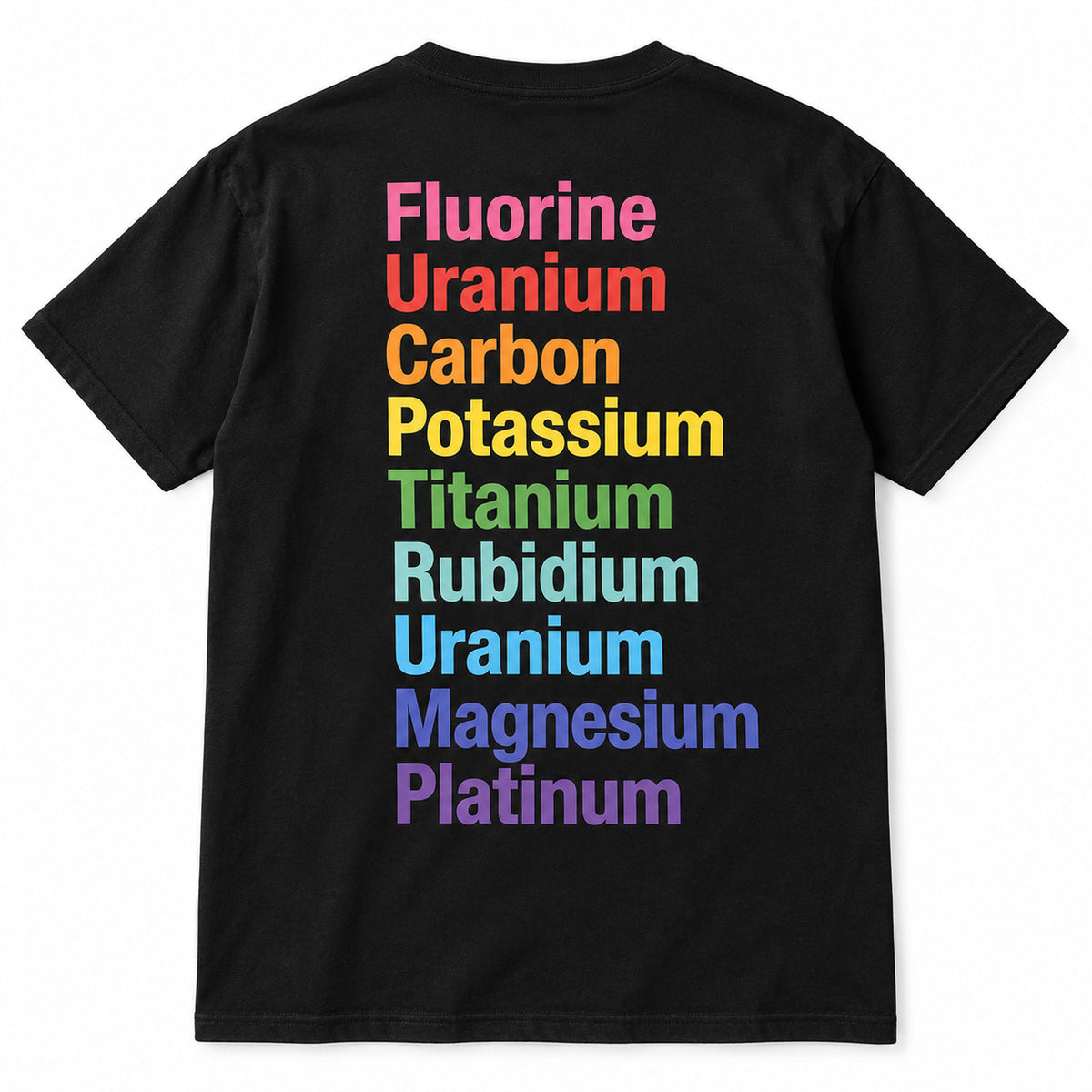 Black graphic tee back flat lay with Rainbow Elements design