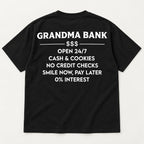 Black graphic tee back flat lay with Grandma Bank lettering design