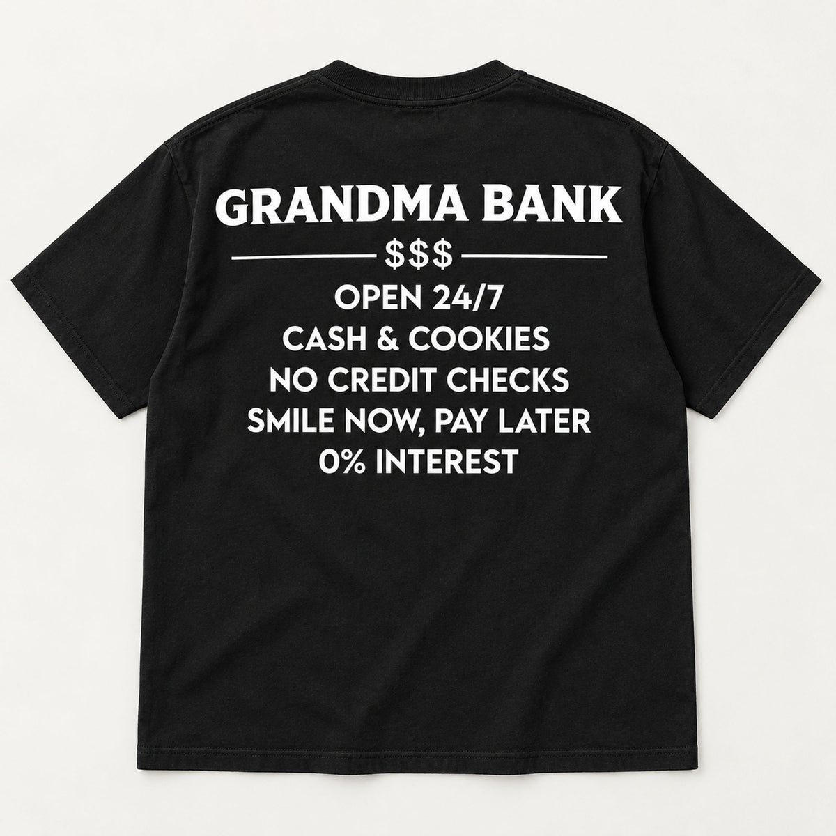 Black graphic tee back flat lay with Grandma Bank lettering design