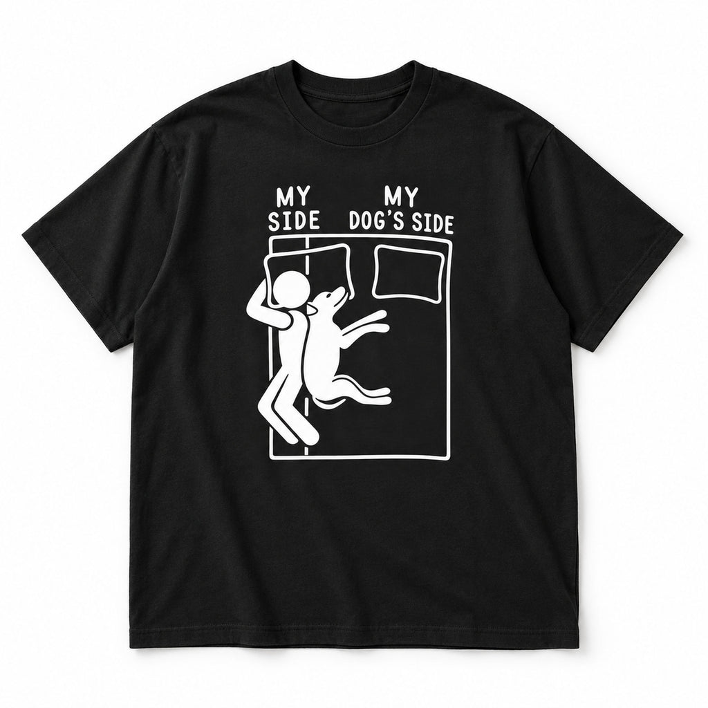 Black graphic tee front flat lay with My Side My Dog's Side design
