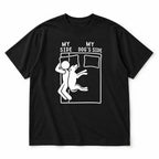 Black graphic tee front flat lay with My Side My Dog's Side design
