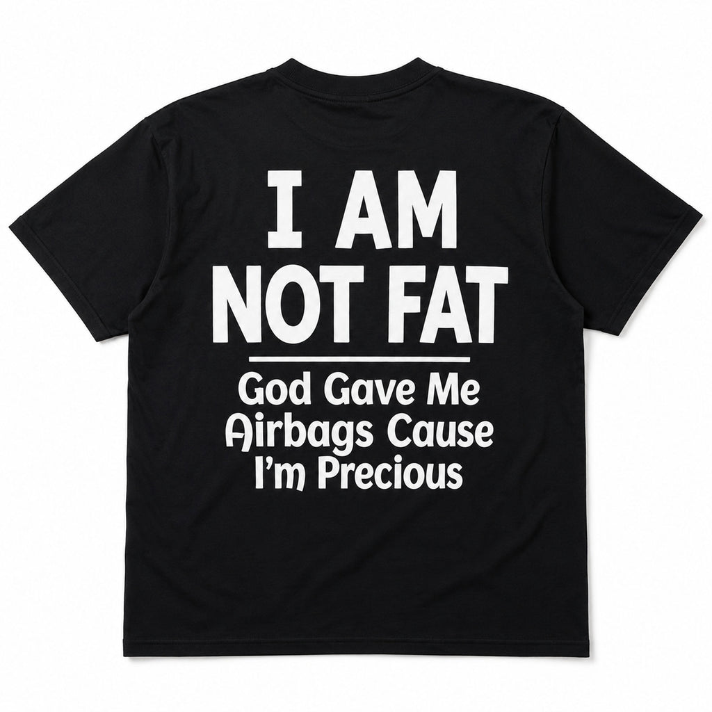 I Am Not Fat I'm Precious funny gym graphic tee black back print flat lay