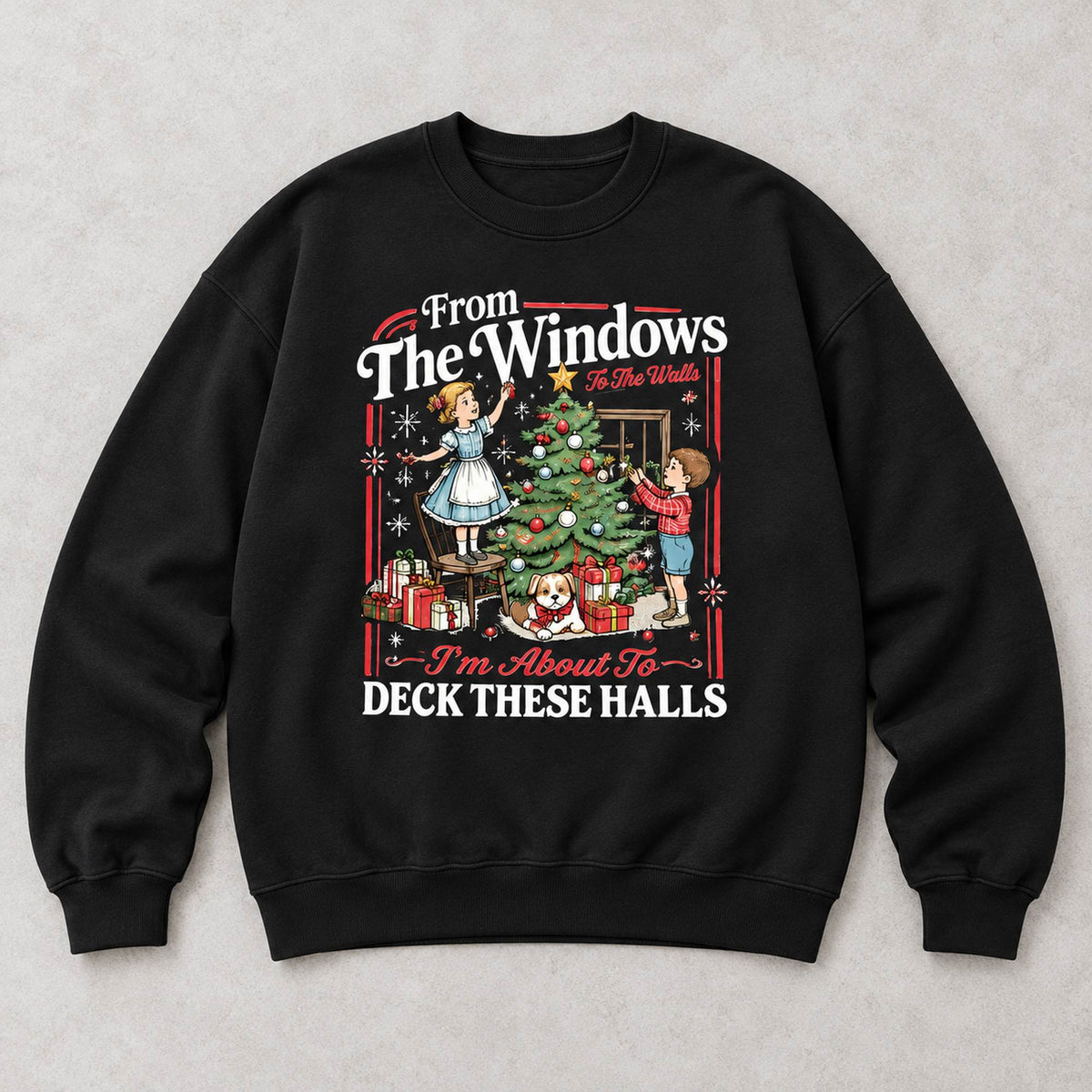 From the Windows Deck These Halls Christmas Graphic Sweatshirt and Tee black front print flat lay