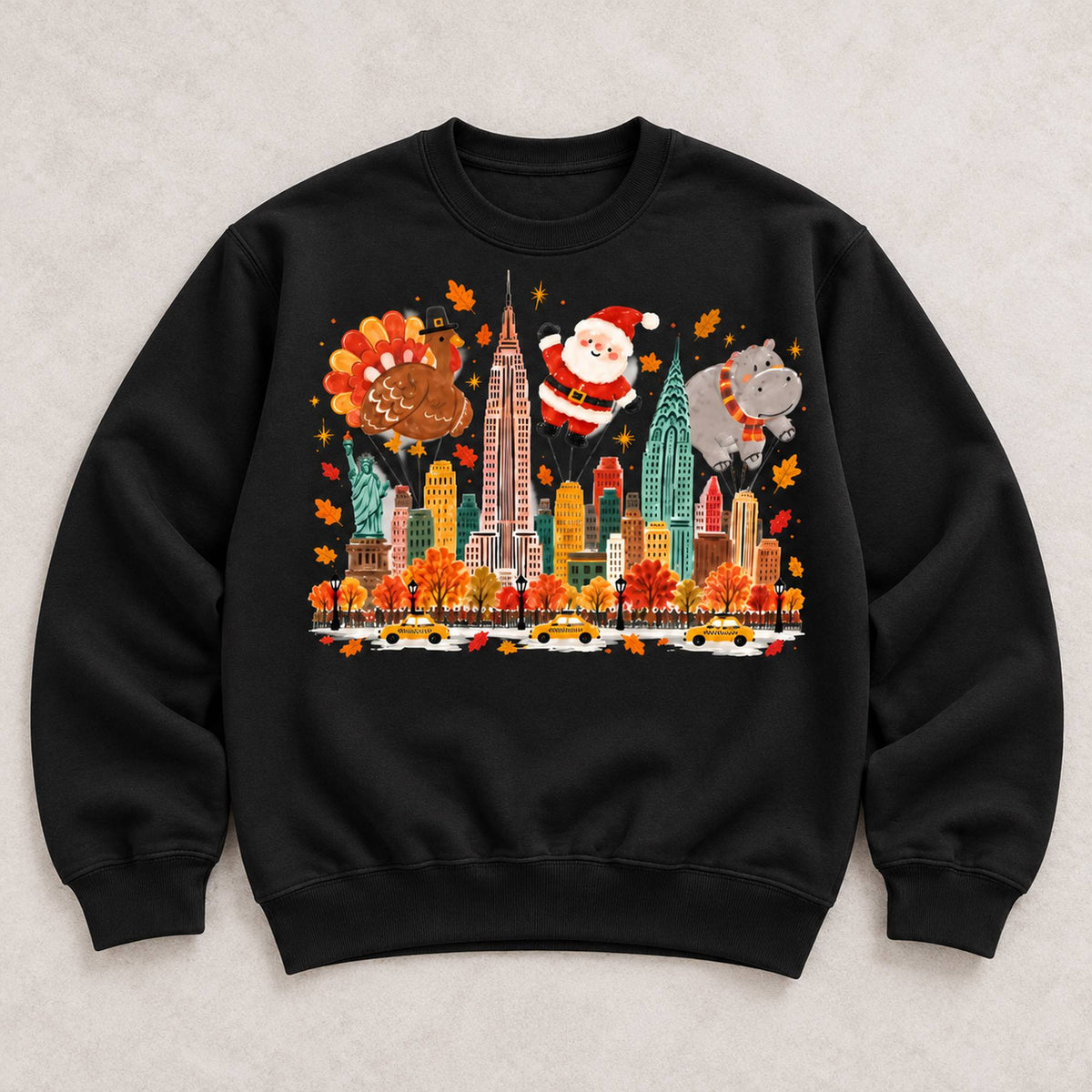 New York Holiday Parade Skyline Graphic Sweatshirt and Tee black front print flat lay