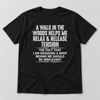 Black graphic tee front flat lay with A Walk In The Woods design