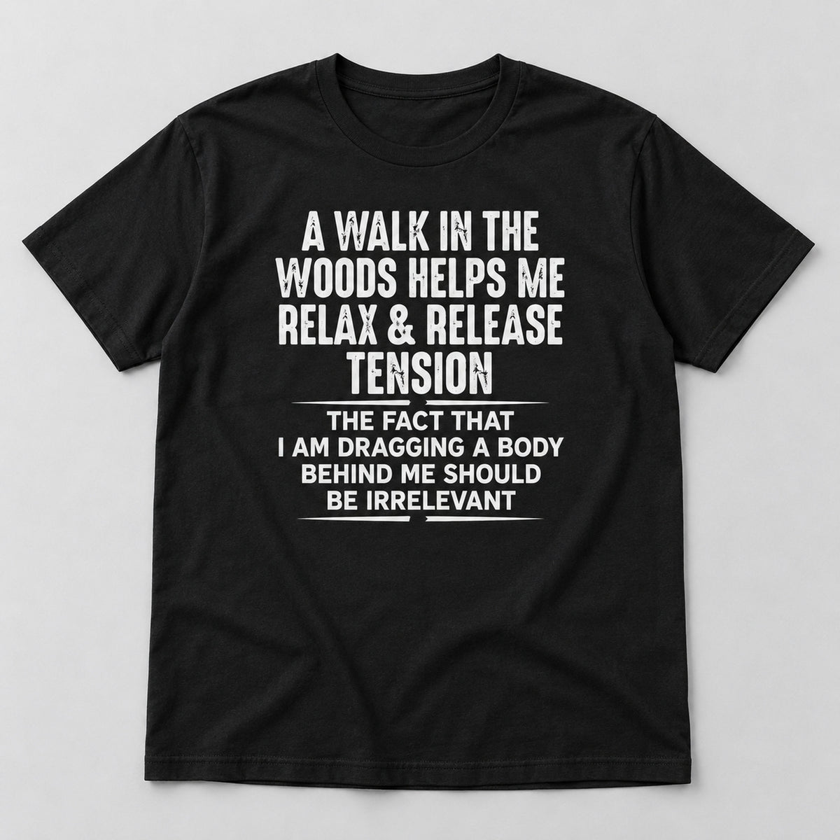 Black graphic tee front flat lay with A Walk In The Woods design
