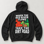 Red River Dirt Road funny back graphic on a black hoodie flat lay