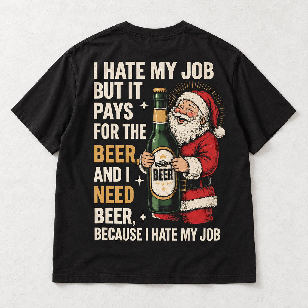 Black tee true back flat lay with off-white and gold I Hate My Job typography and red Santa illustration