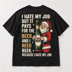 Black tee true back flat lay with off-white and gold I Hate My Job typography and red Santa illustration