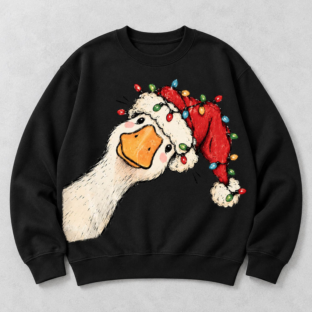 Christmas goose red Santa hat and lights black crewneck sweatshirt front flat lay