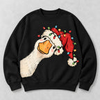 Christmas goose red Santa hat and lights black crewneck sweatshirt front flat lay