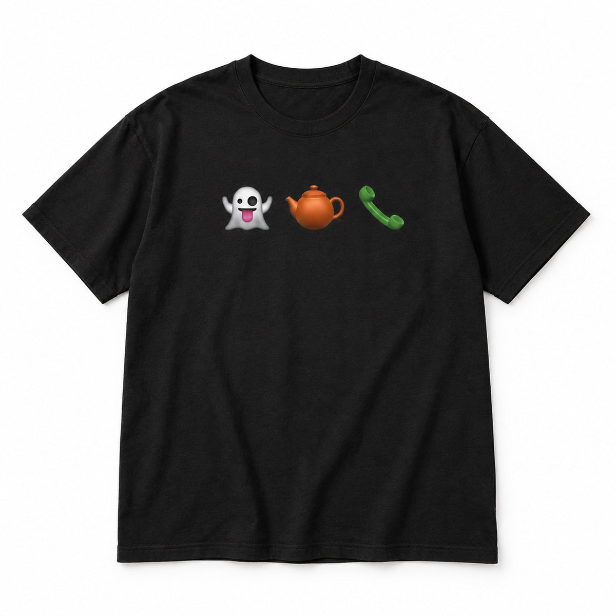 Black tee front flat lay showing three chest icons: ghost, orange teapot and green phone