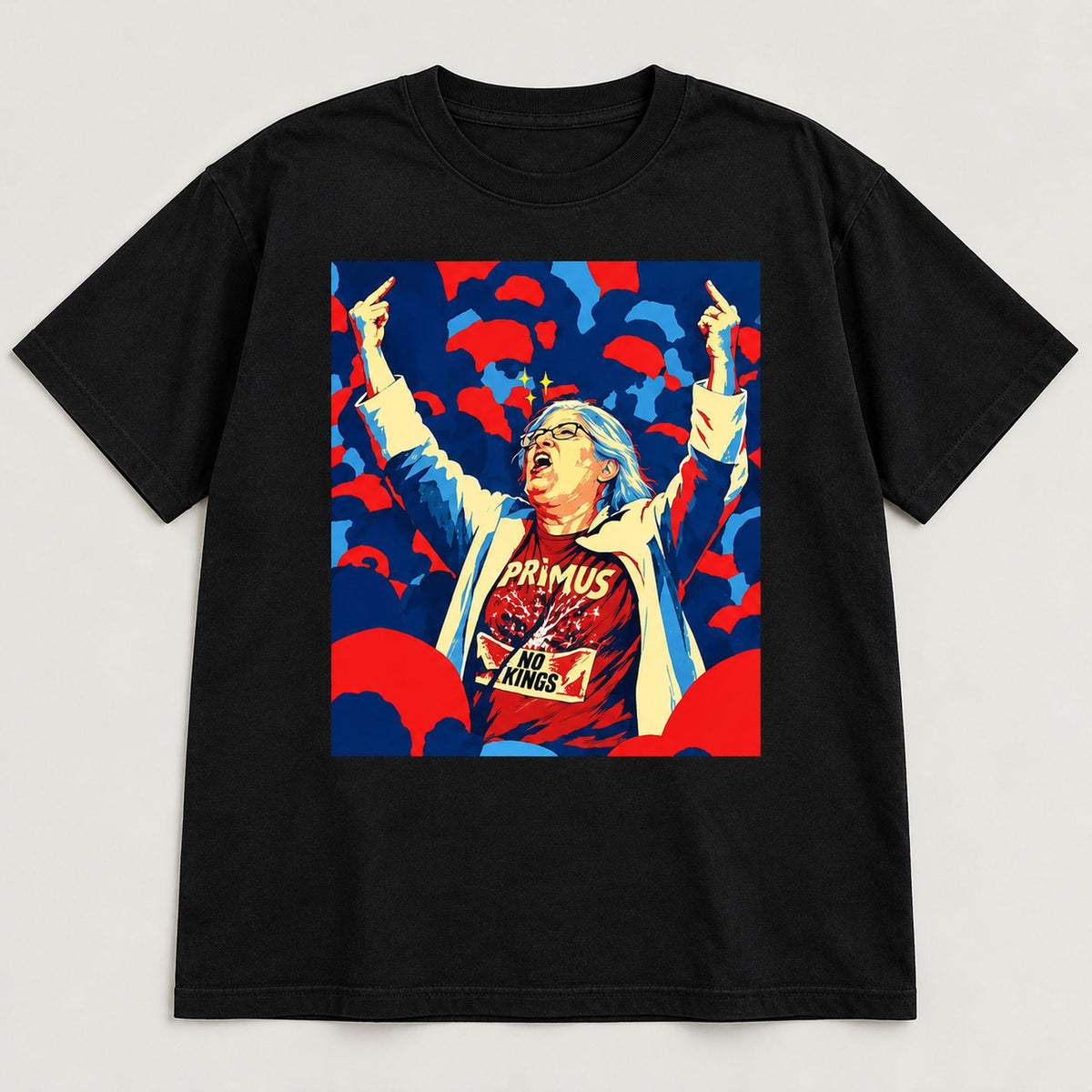 No Kings rebel portrait black T-shirt front flat lay with full artwork