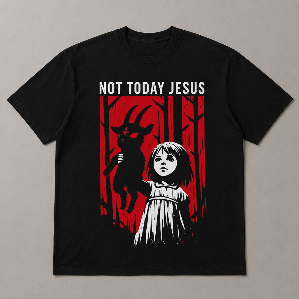 Not Today Jesus gothic horror graphic tee black front print flat lay