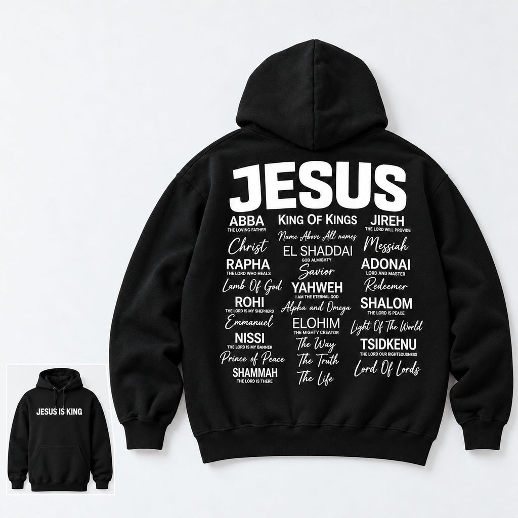 Jesus Is King names of Jesus black hoodie back flat lay with front-print inset