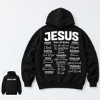 Jesus Is King names of Jesus black hoodie back flat lay with front-print inset