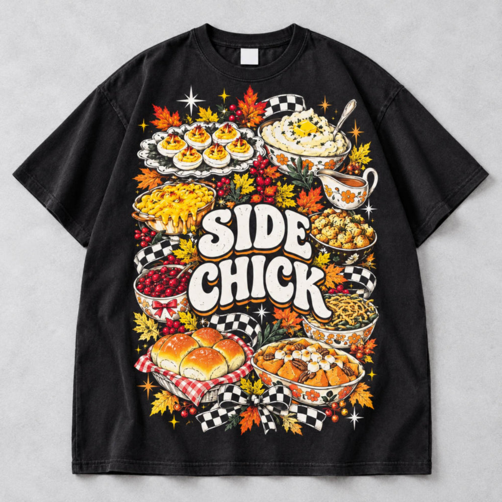 Side Chick Thanksgiving food collage and autumn checkerboard graphic on black T-shirt front, flat lay showing complete print