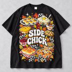 Side Chick Thanksgiving food collage and autumn checkerboard graphic on black T-shirt front, flat lay showing complete print