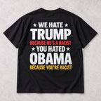 Trump and Obama Statement black T-shirt back flat lay with complete print
