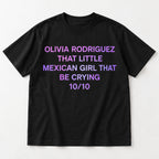 Olivia Rodriguez 10/10 purple text black T-shirt front flat lay with complete print