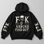 Black hoodie back flat lay with FAFO Skull back and sleeve design