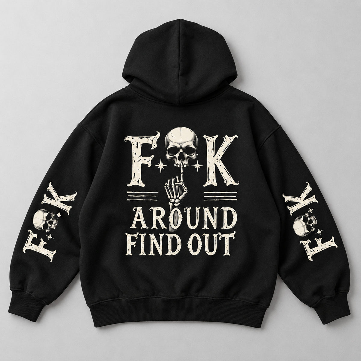 Black hoodie back flat lay with FAFO Skull back and sleeve design