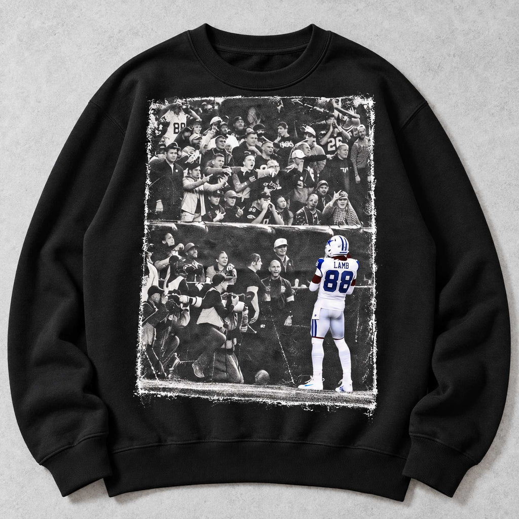 Lamb 88 Stadium Crowd Football Graphic Sweatshirt and Tee black front print flat lay