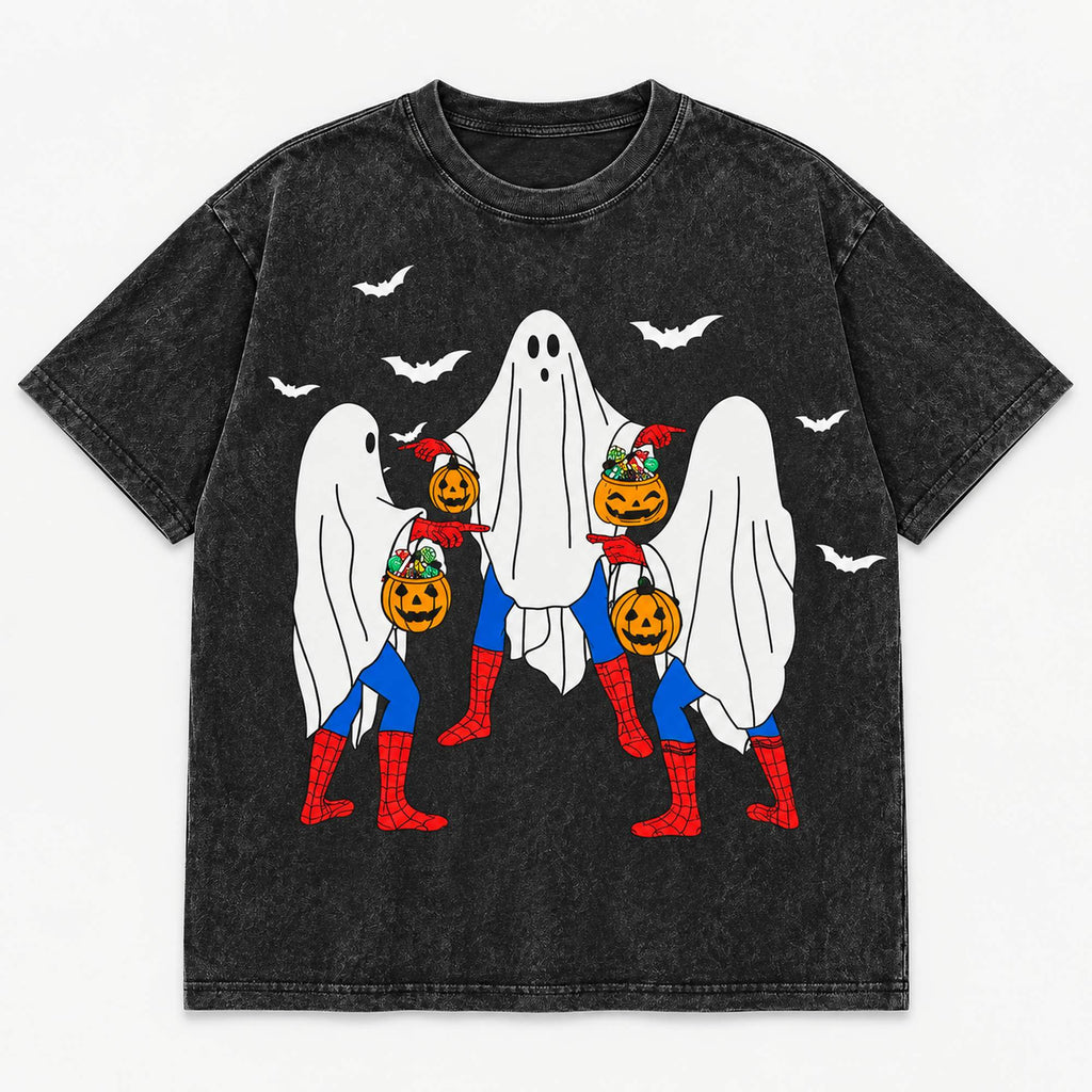 Black graphic T-shirt flat lay showing three ghosts, pumpkins and bats