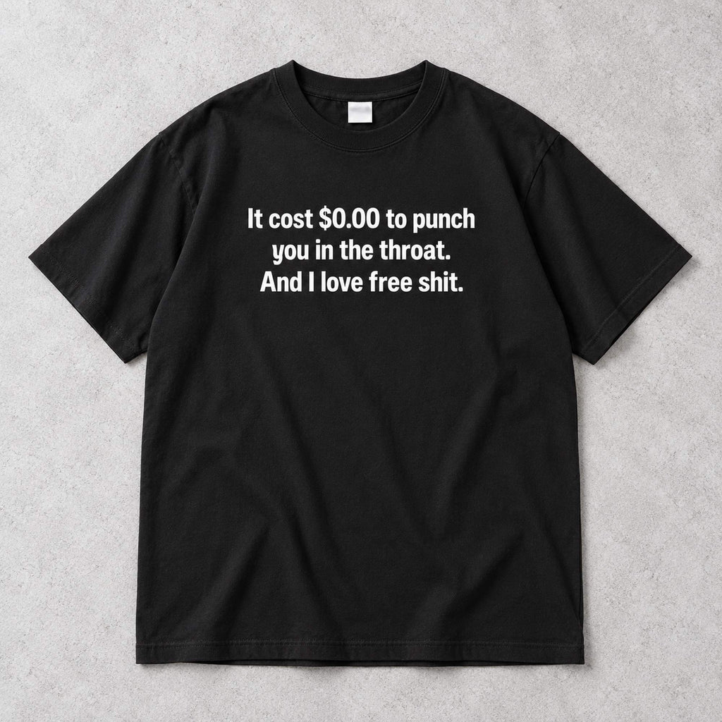 I Love Free Shit original blunt text graphic on black T-shirt front, flat lay showing complete print