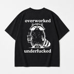 Overworked and Underfucked raccoon coffee graphic tee black back flat lay