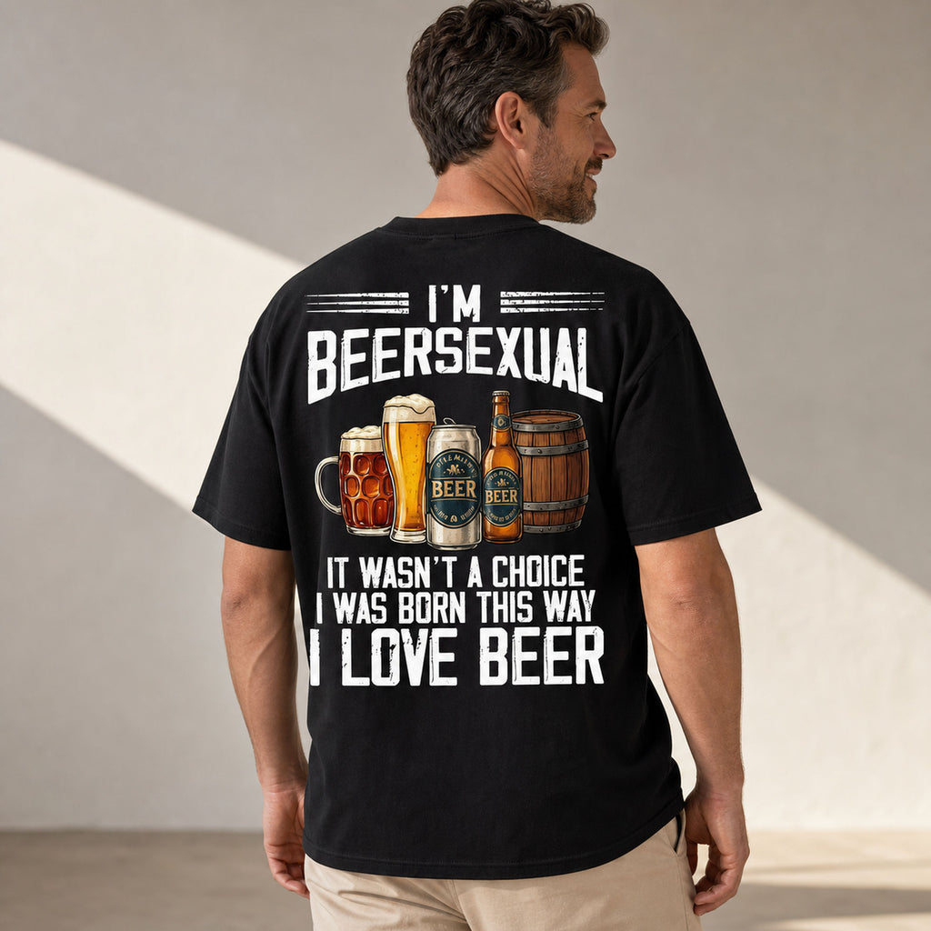 I'm Beersexual funny beer lover tee black oversized back print three-quarter rear male model