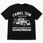 Camel Tow 24 Hour Service towing graphic tee black front print flat lay