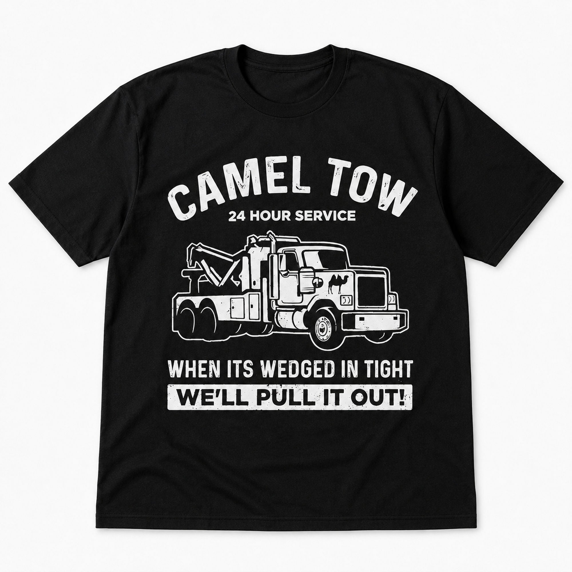 Camel Tow 24 Hour Service towing graphic tee black front print flat lay