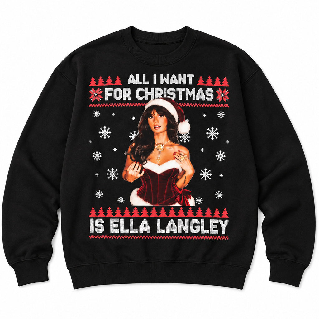 All I Want for Christmas Is Ella Langley black sweatshirt flat lay, showing the Santa-hat portrait and snowflake front graphic