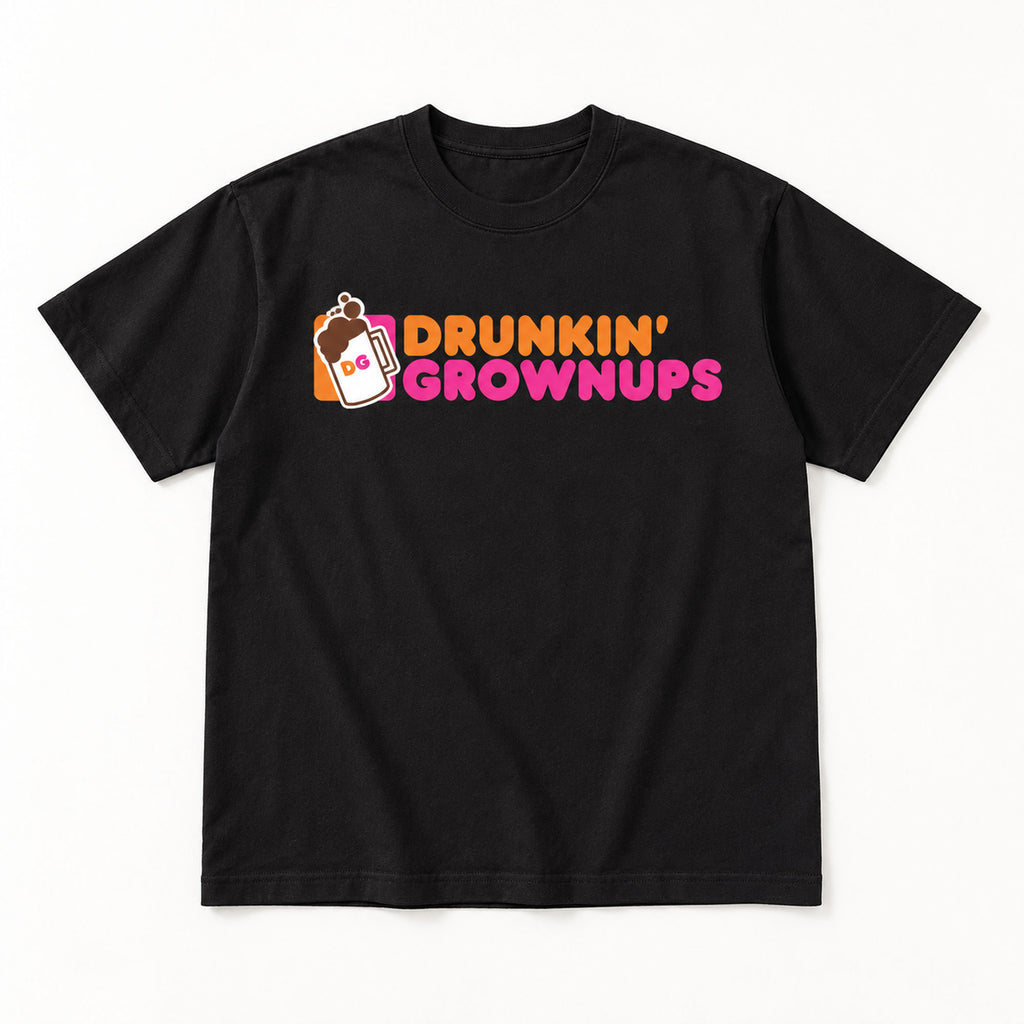 Drunkin Grownups orange and pink lettering with beer mug on black T-shirt front, flat lay showing complete print