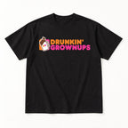 Drunkin Grownups orange and pink lettering with beer mug on black T-shirt front, flat lay showing complete print