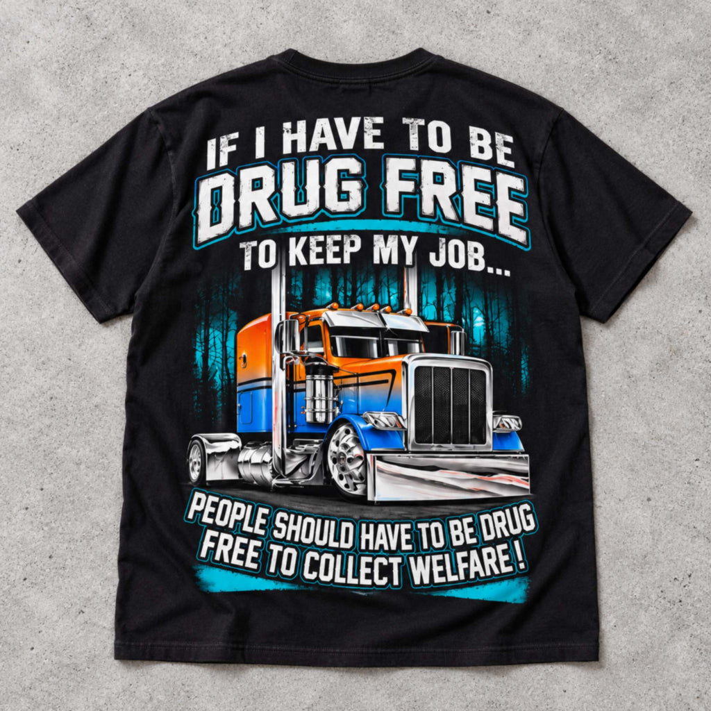 Drug Free Job welfare-policy semi-truck with turquoise accents graphic on black T-shirt back, flat lay showing complete print