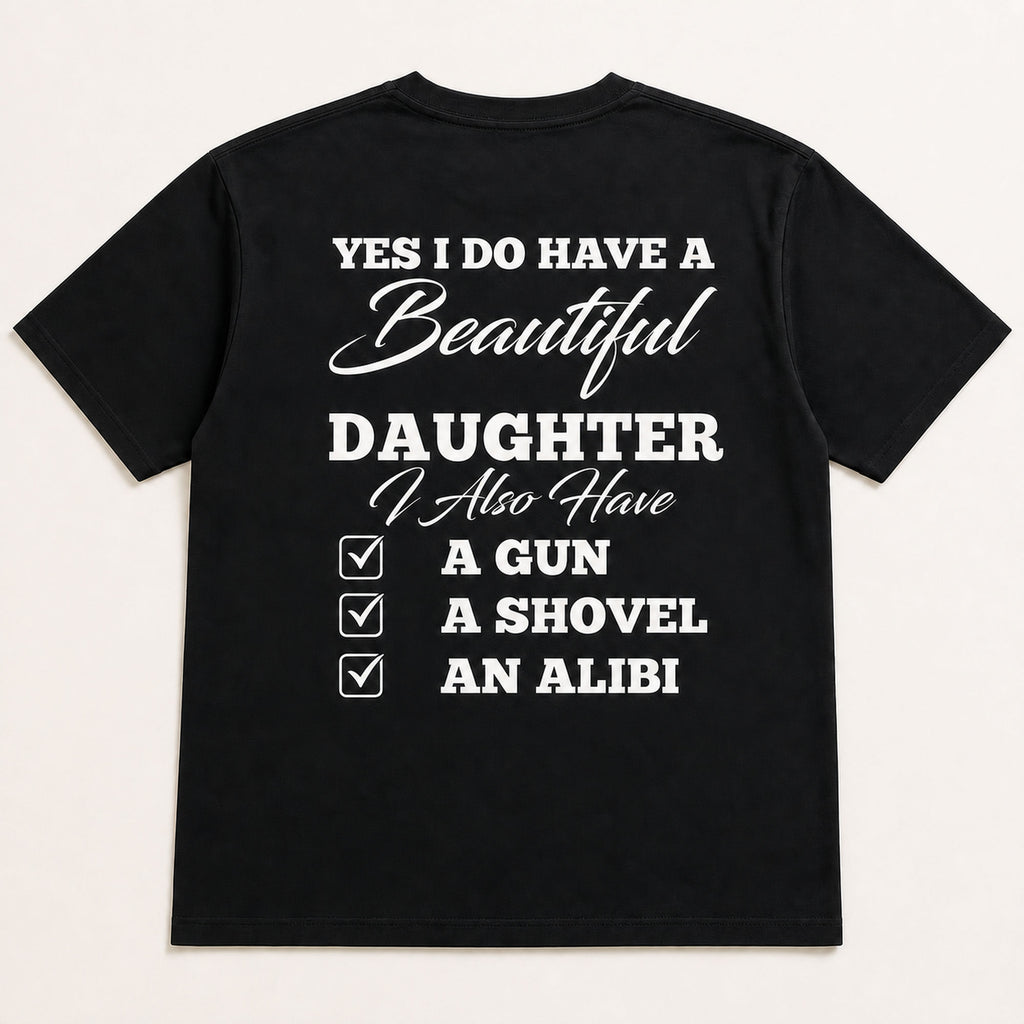 Beautiful Daughter protective dad graphic tee black back flat lay