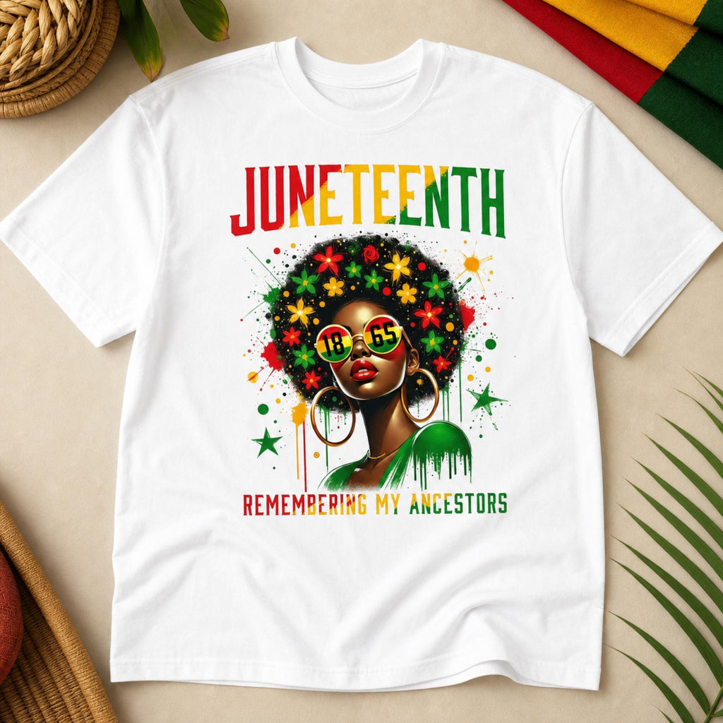Juneteenth Remembering My Ancestors graphic tee white front flat lay