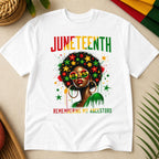 Juneteenth Remembering My Ancestors graphic tee white front flat lay