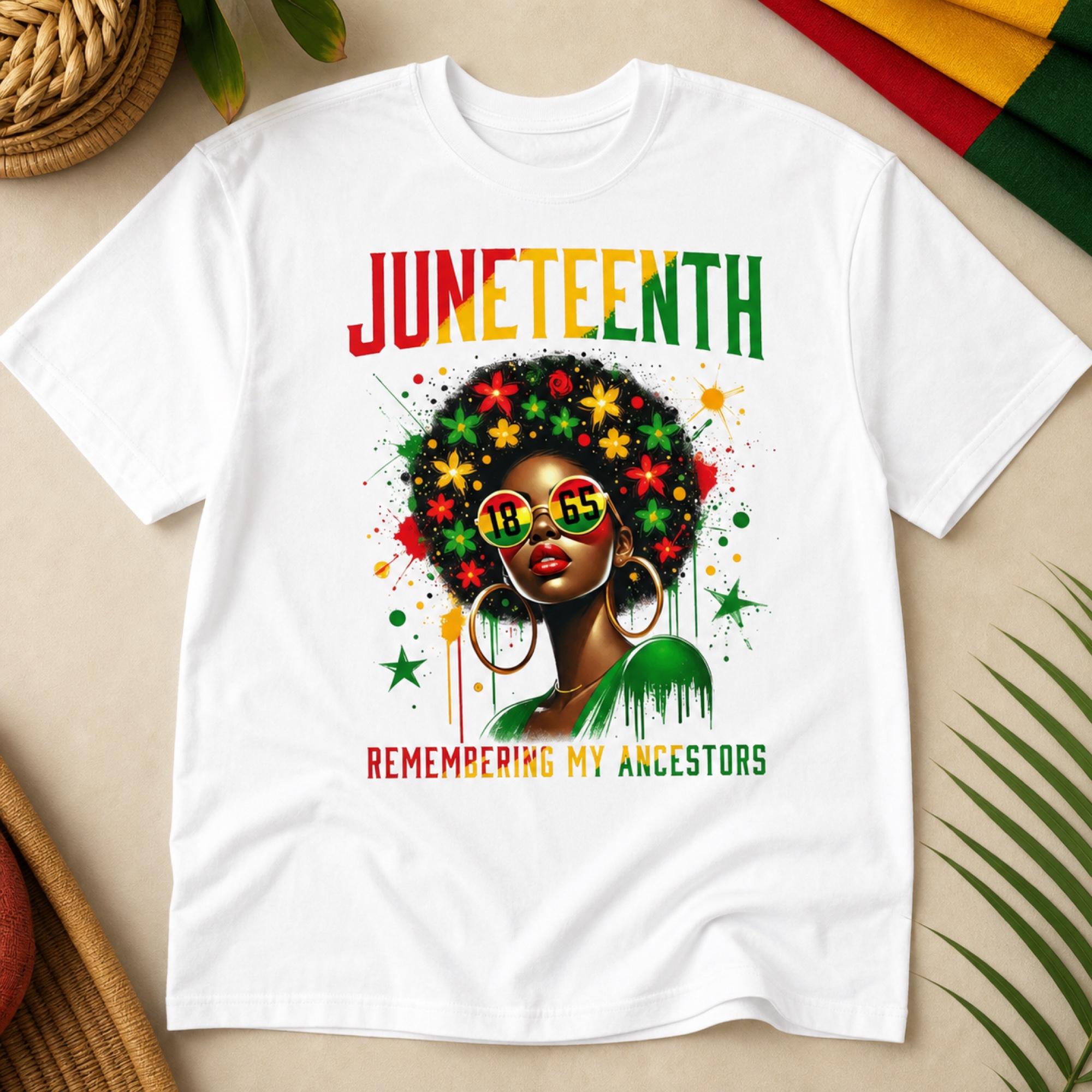 Juneteenth Remembering My Ancestors graphic tee white front flat lay